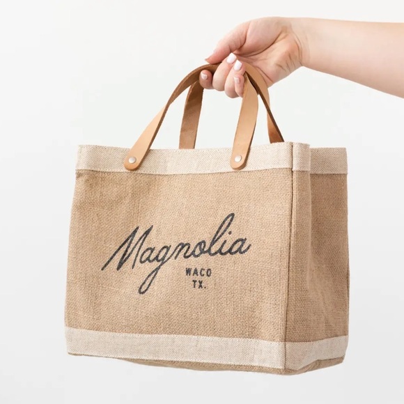 Magnolia Handbags - NWT Magnolia Script Market Tote Burlap Leather Handle Bag